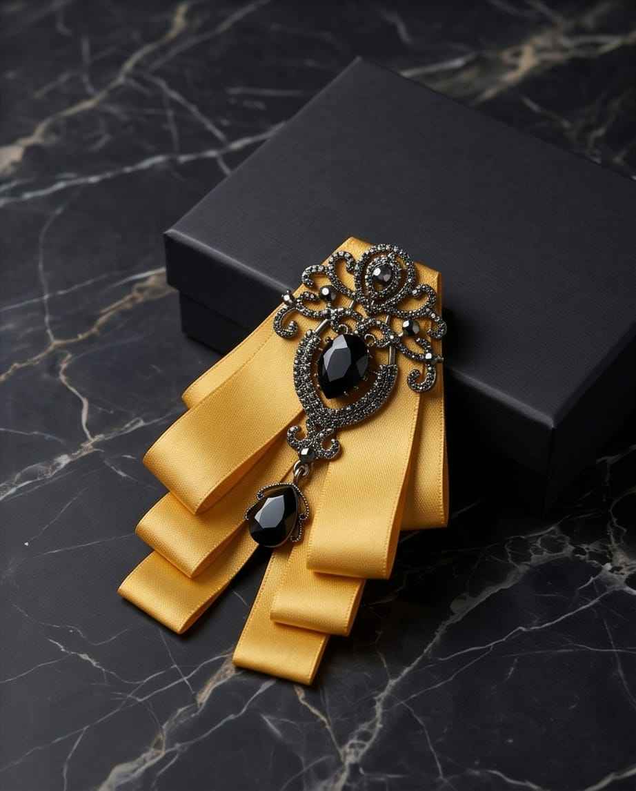 Ornate Gold Ribbon Bow with Black Crystal Embellishment