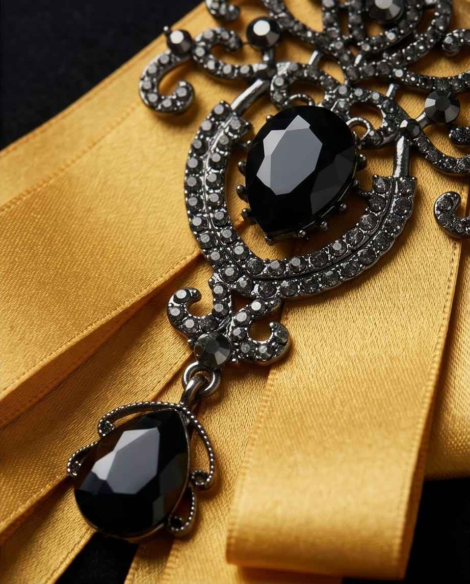 Ornate Gold Ribbon Bow with Black Crystal Embellishment