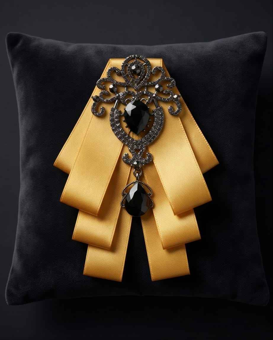 Ornate Gold Ribbon Bow with Black Crystal Embellishment