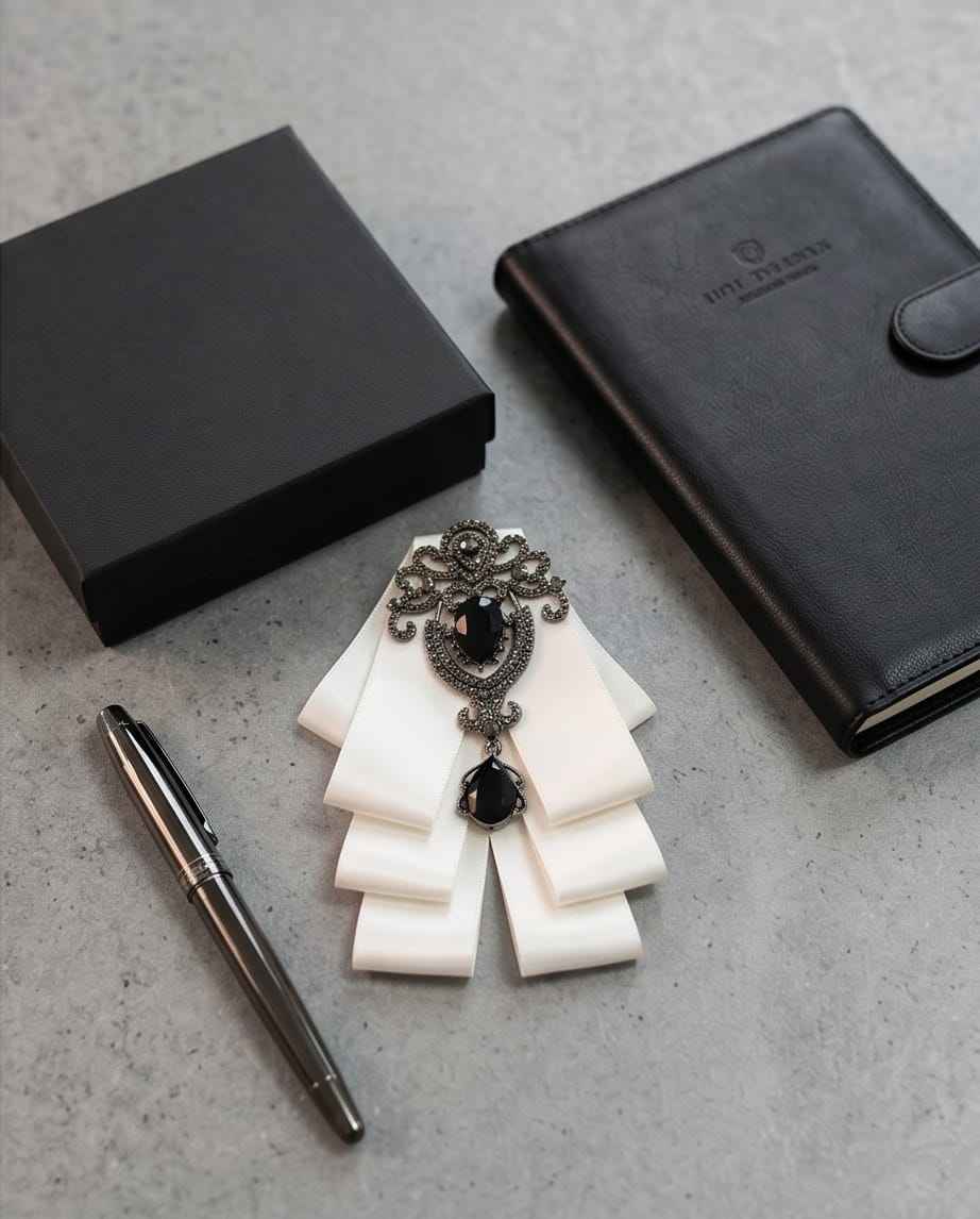 Ivory Elegance Bow Tie with Onyx-Style Gem