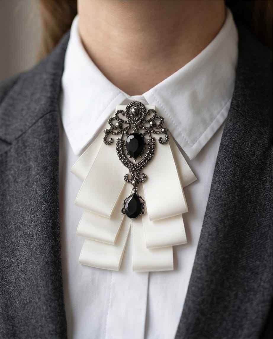 Ivory Elegance Bow Tie with Onyx-Style Gem