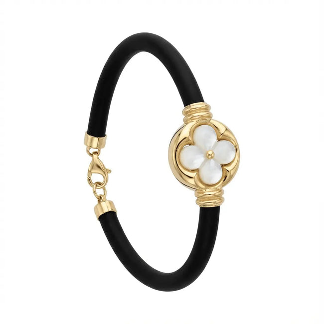 Bracelet détaillé en or 14K – Trèfle blanc et noir | Bande tressée noire | Bijoux Majestic