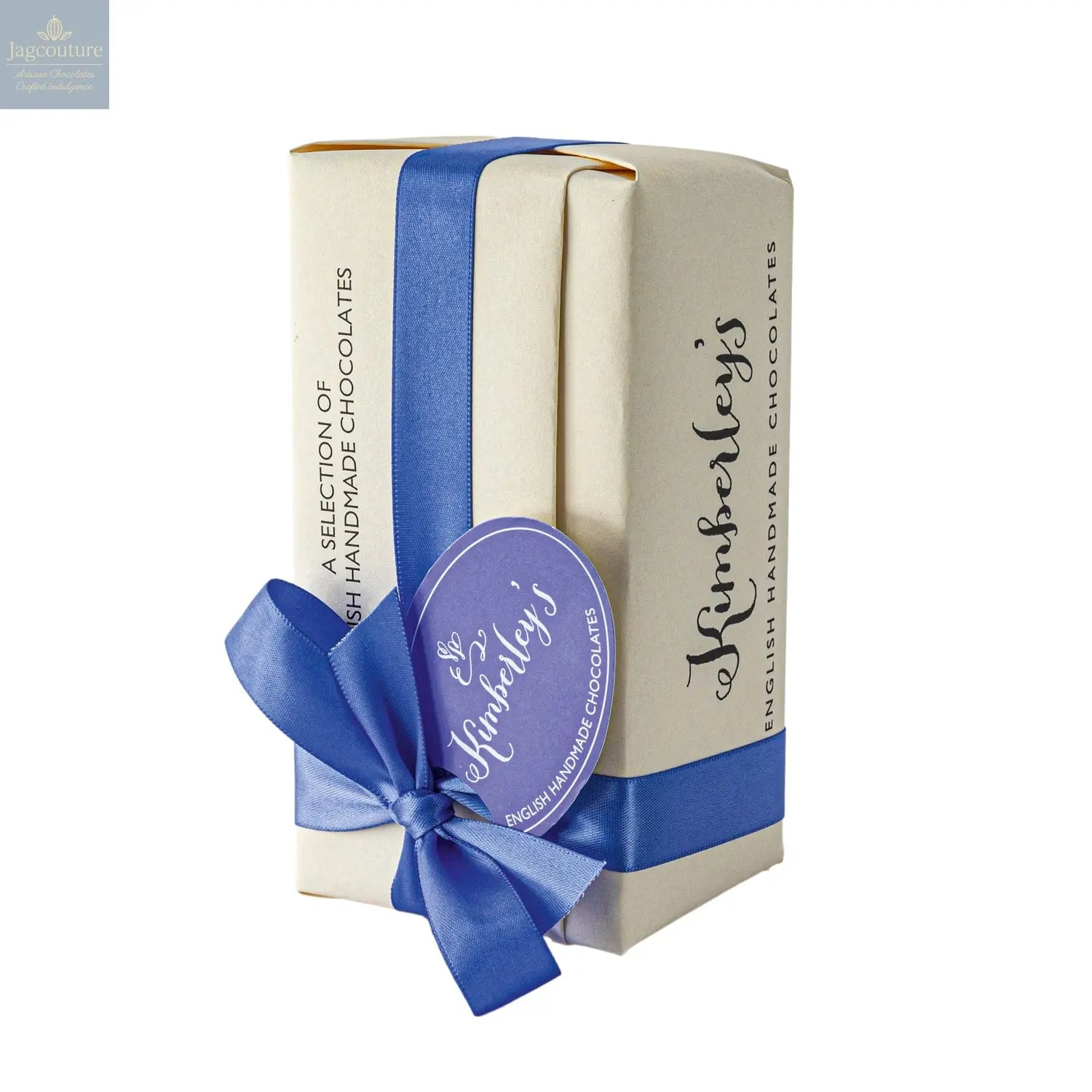 Wrapped ballotin of assorted handmade English chocolates with menu tag