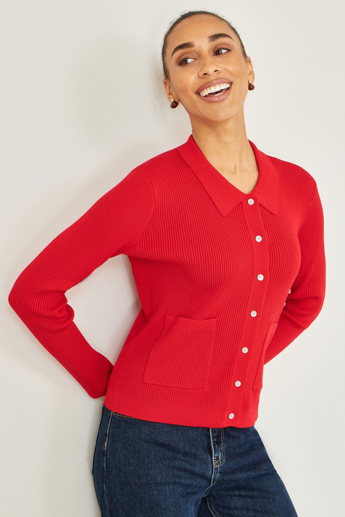 Yumi Red Ribbed Collar Button Up Cardigan