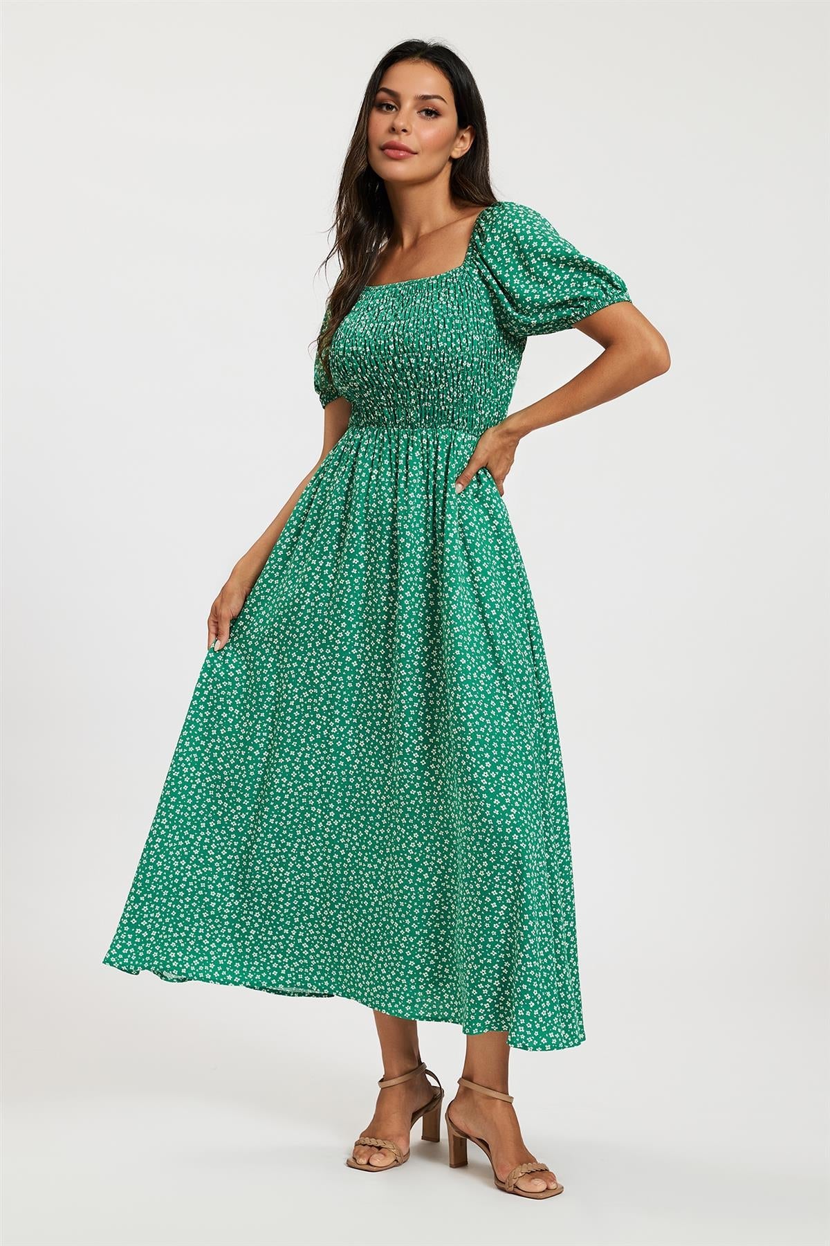 Floral Print Short Sleeve Midi Dress In Green