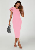 Volume Sleeve Bodycon Midi Dress In Pink