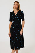 Blue Floral Print Button Front Midi Dress In Black