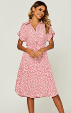 Relaxed Floral Print Button Down Midi Shirt Dress In Pink
