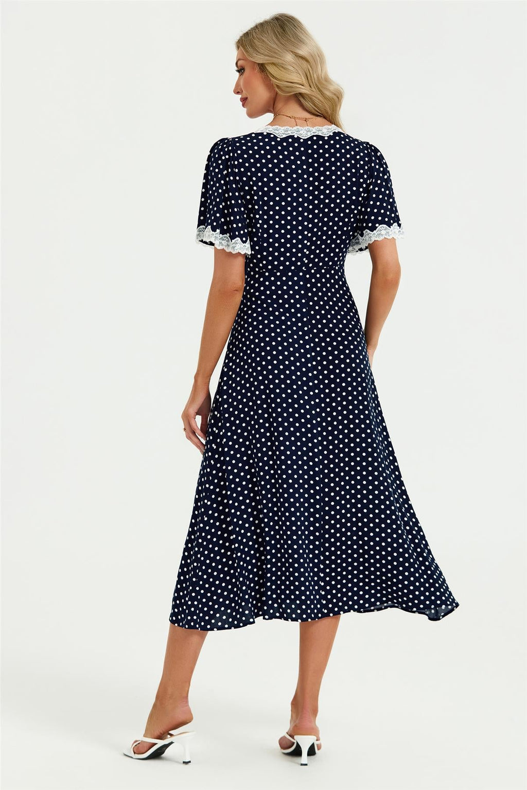 Lace Trim Dot Print Midi Dress In Navy