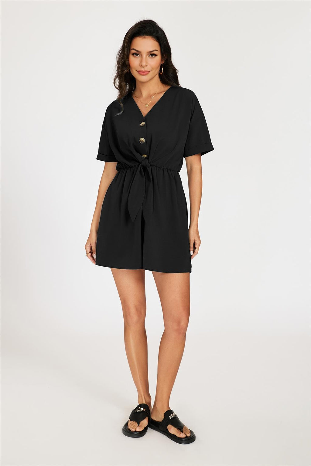 Button Down Playsuit In Black