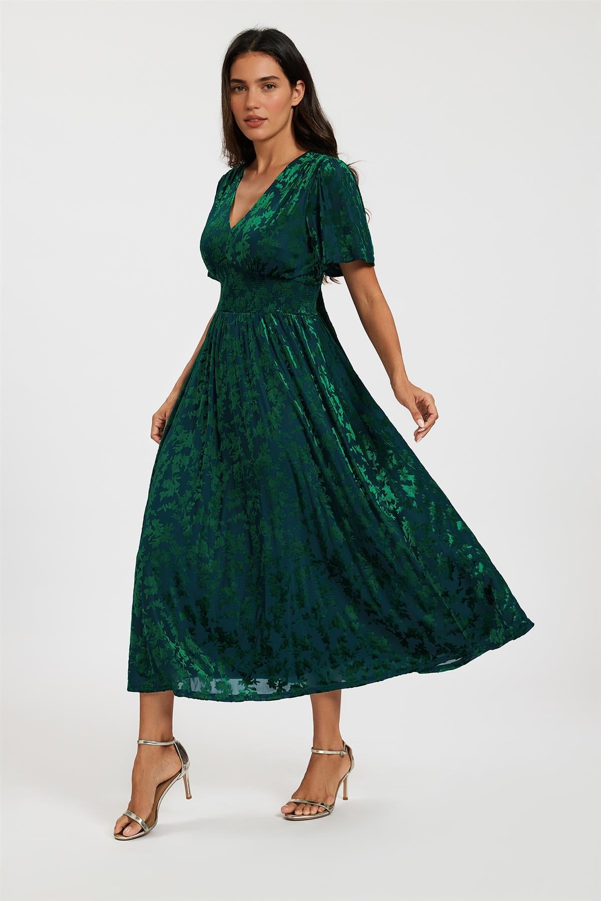 Green Velvet Burnout V-Neck Angel Sleeve Midi Dress