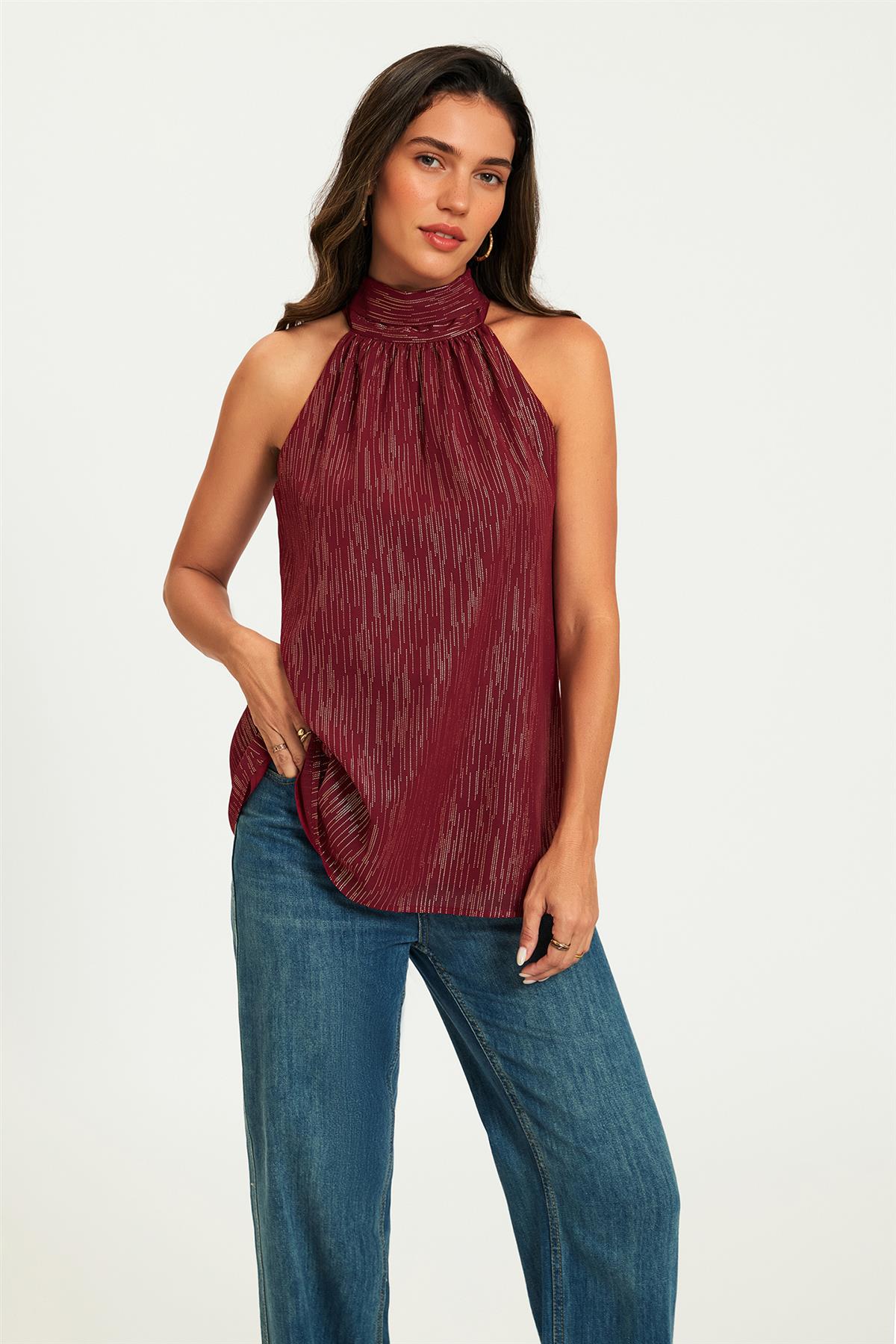 Gold Stripe Foil Halter Neck Tie Back Top In Wine