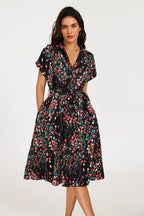 Black Floral Shirt Midi Dress with Tie Waist and Short Sleeves