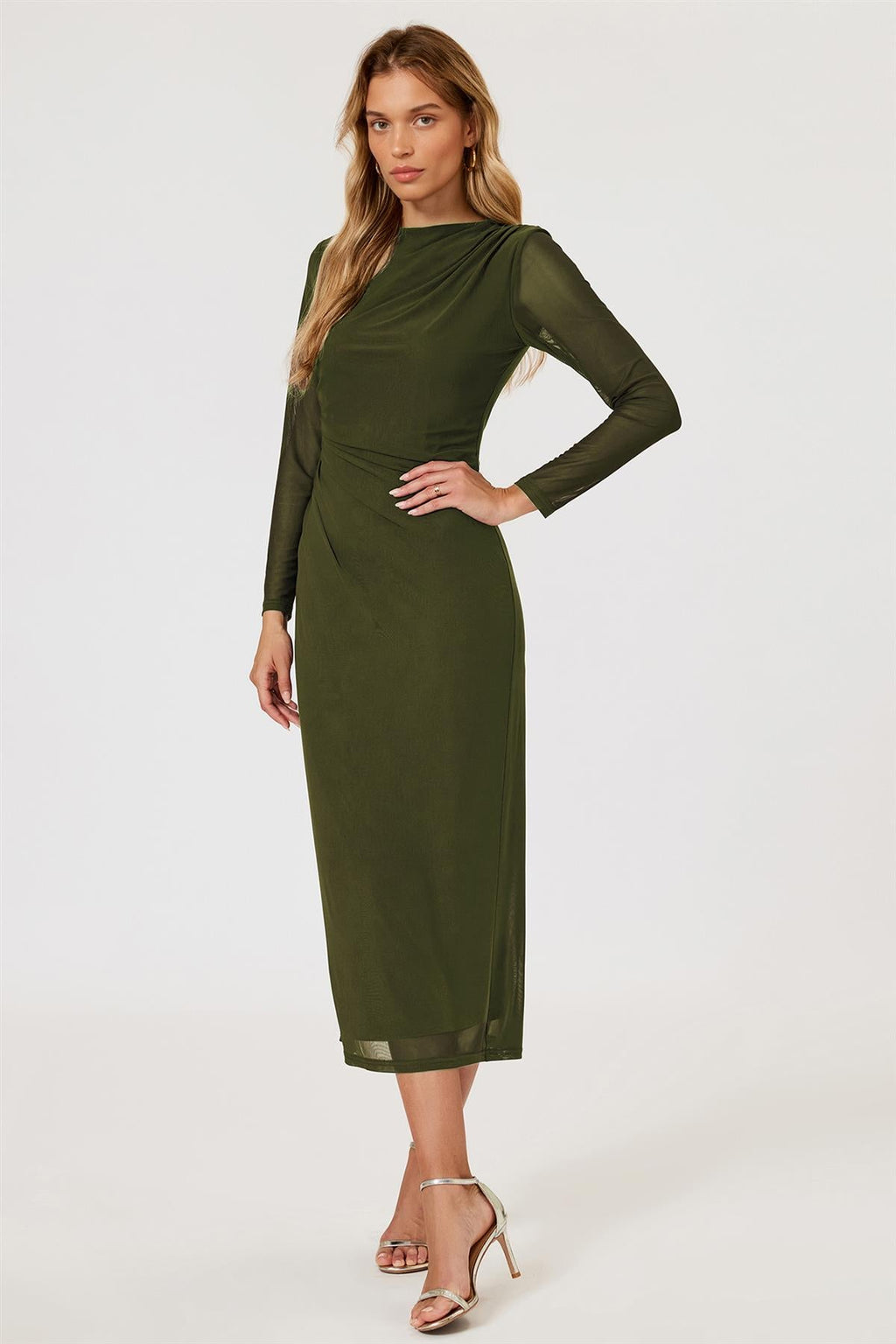 Long Sleeves Mesh Midi Dress In Olive