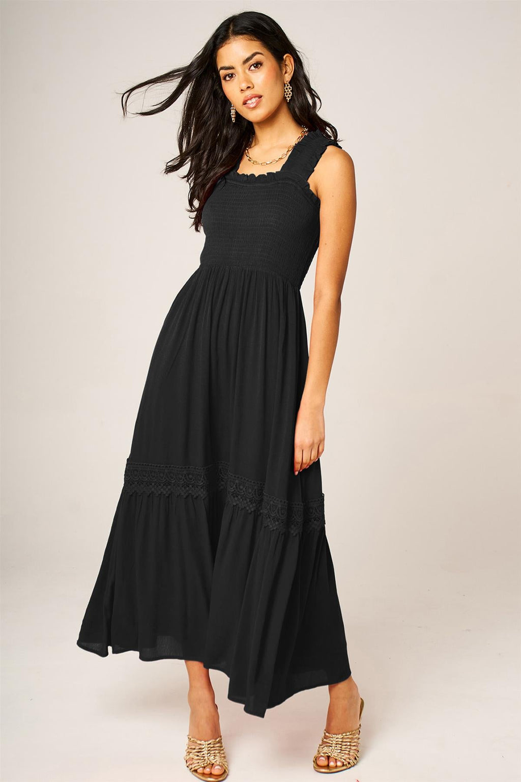 Lace Detail Tiered Maxi Dress In Black