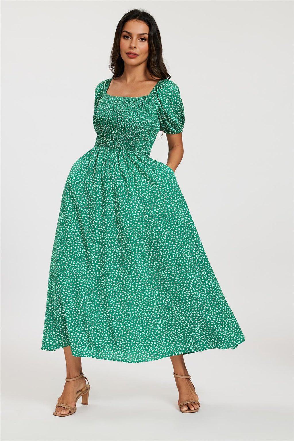 Floral Print Short Sleeve Midi Dress In Green