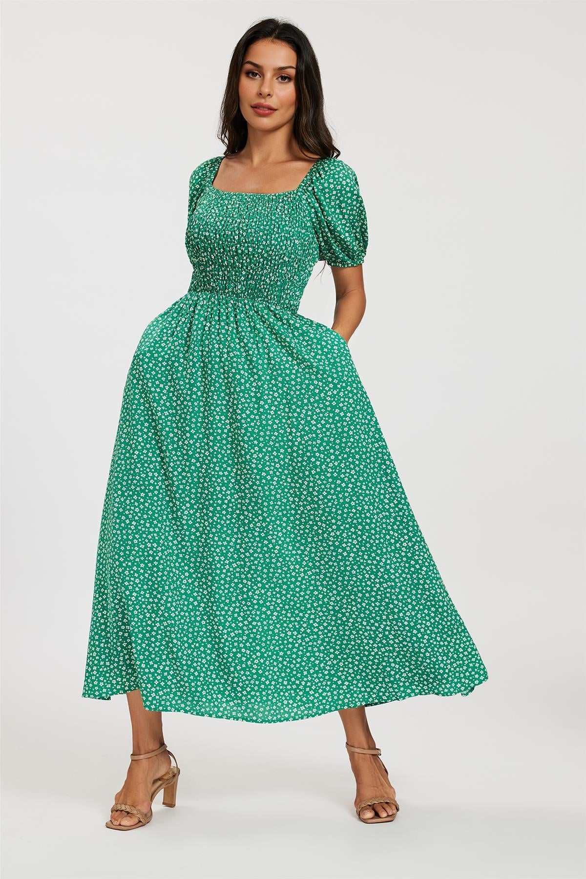 Floral Print Short Sleeve Midi Dress In Green