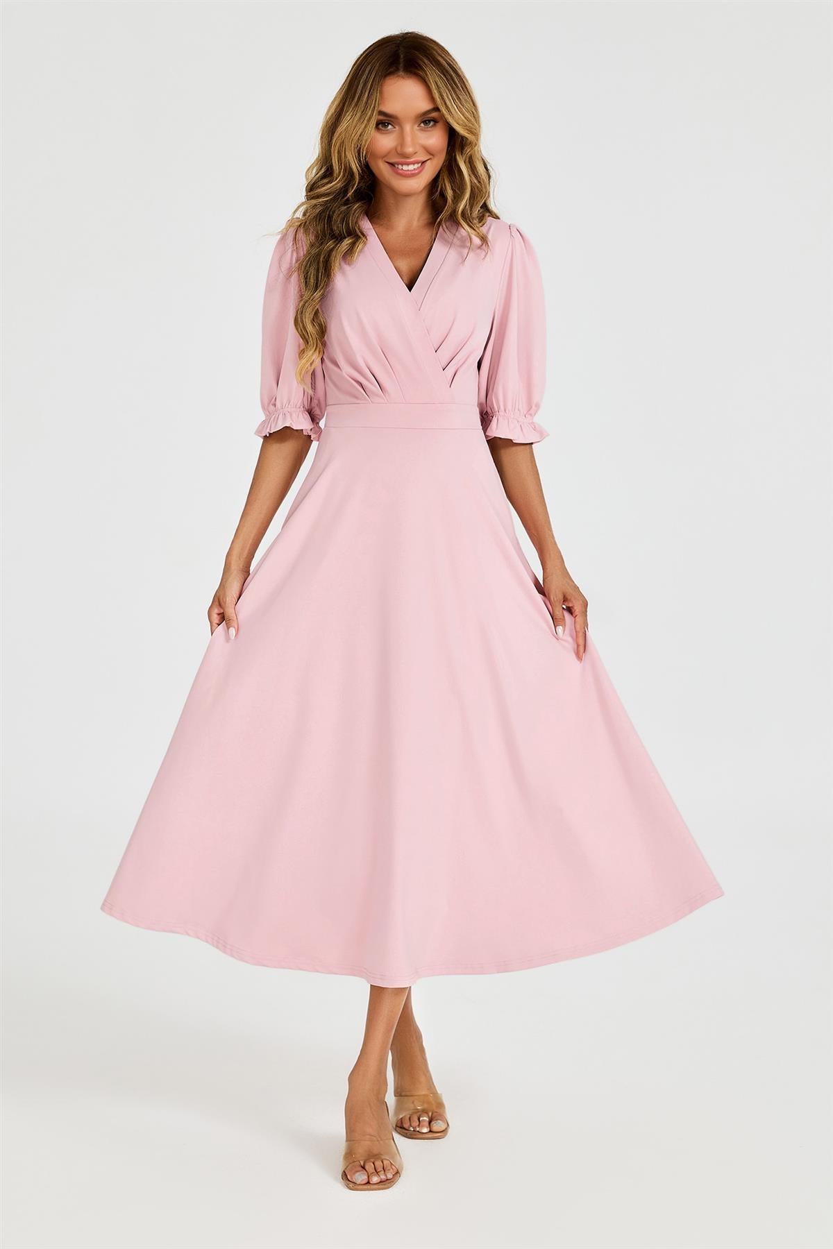 Half Sleeves Jersey Midi Dress with Wrap Neckline In Dusty Blush