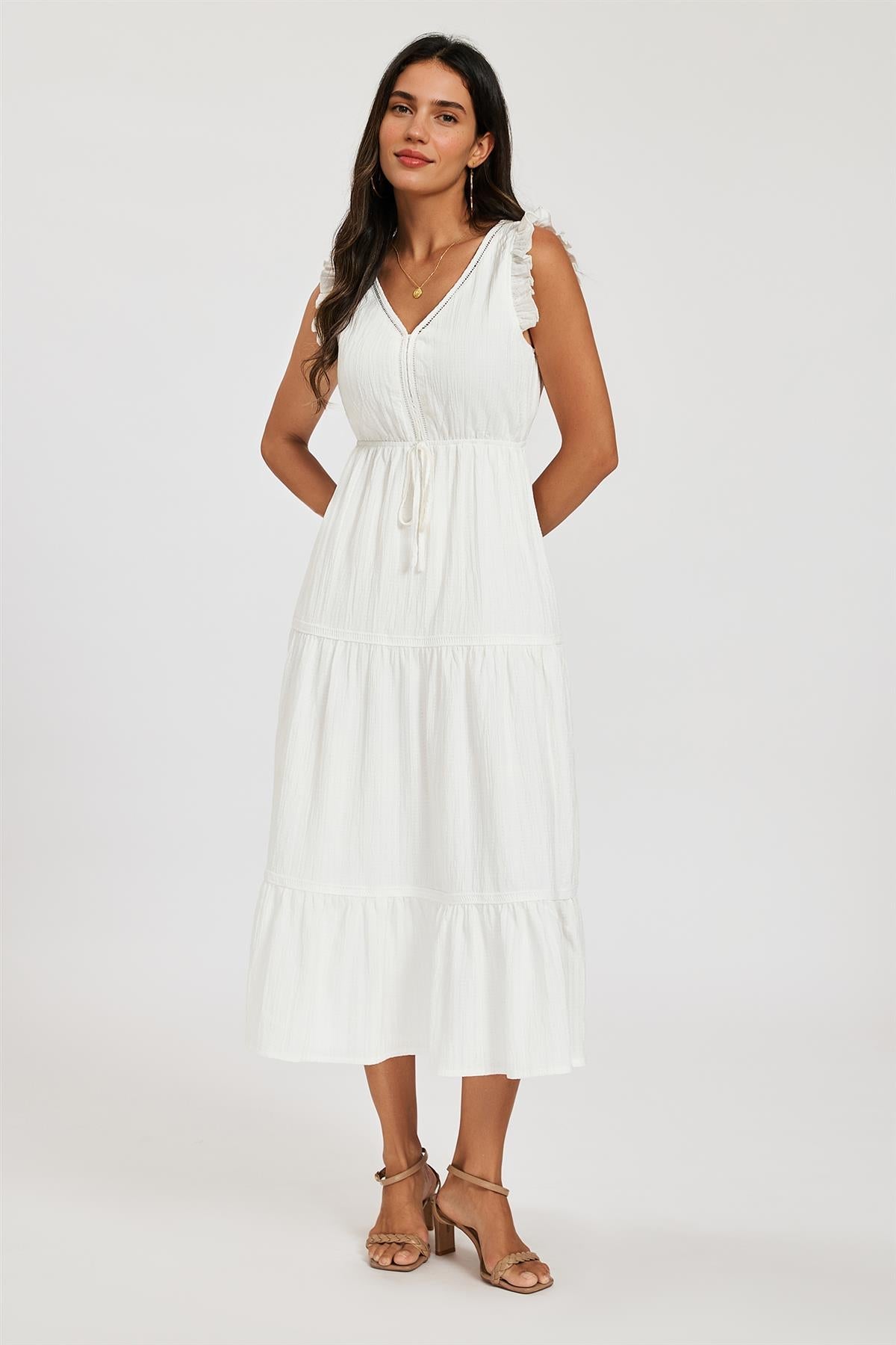 Frill Sleeve Lace Detail Midi Dress In White