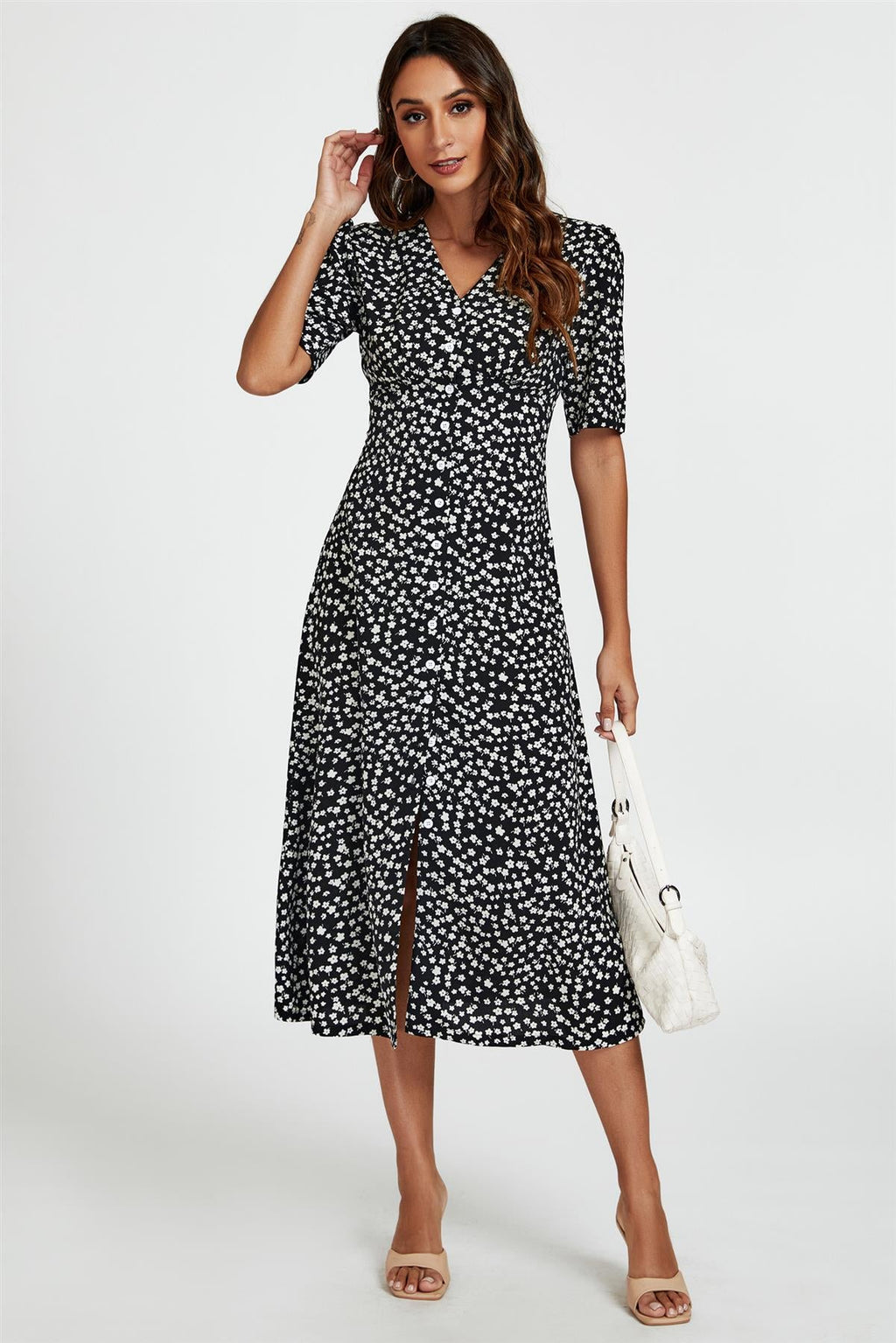 Little Floral Print Button Front Midi Dress In Black
