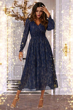 Gold Stripe Foil Long Sleeve Maxi Dress In Navy