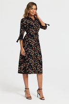 Leaf Print Tie On Sleeves Midi Shirt Dress In Black