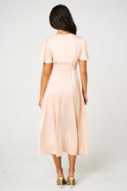 Satin V neckline Button Detail Dress In Blush