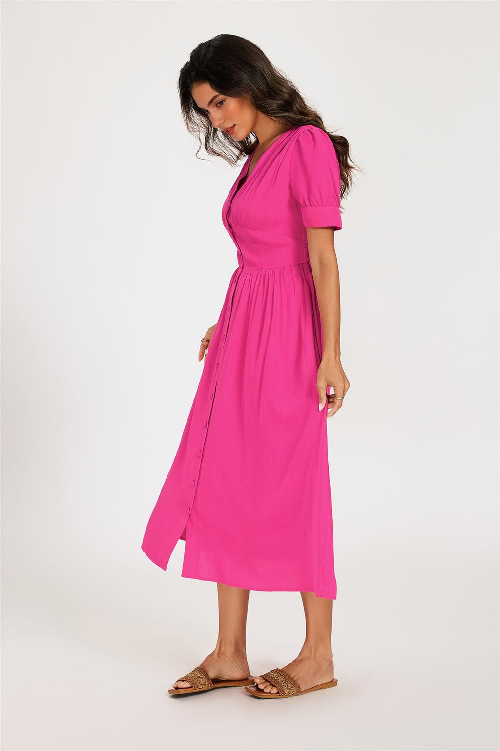 Button Front Short Sleeve Midi Dress In Hot Pink