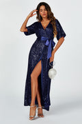 Wrap Style Sequin Maxi Dress In Navy