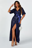 Wrap Style Sequin Maxi Dress In Navy