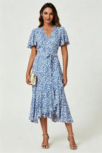 Floral Print Midi Wrap Dress In Blue