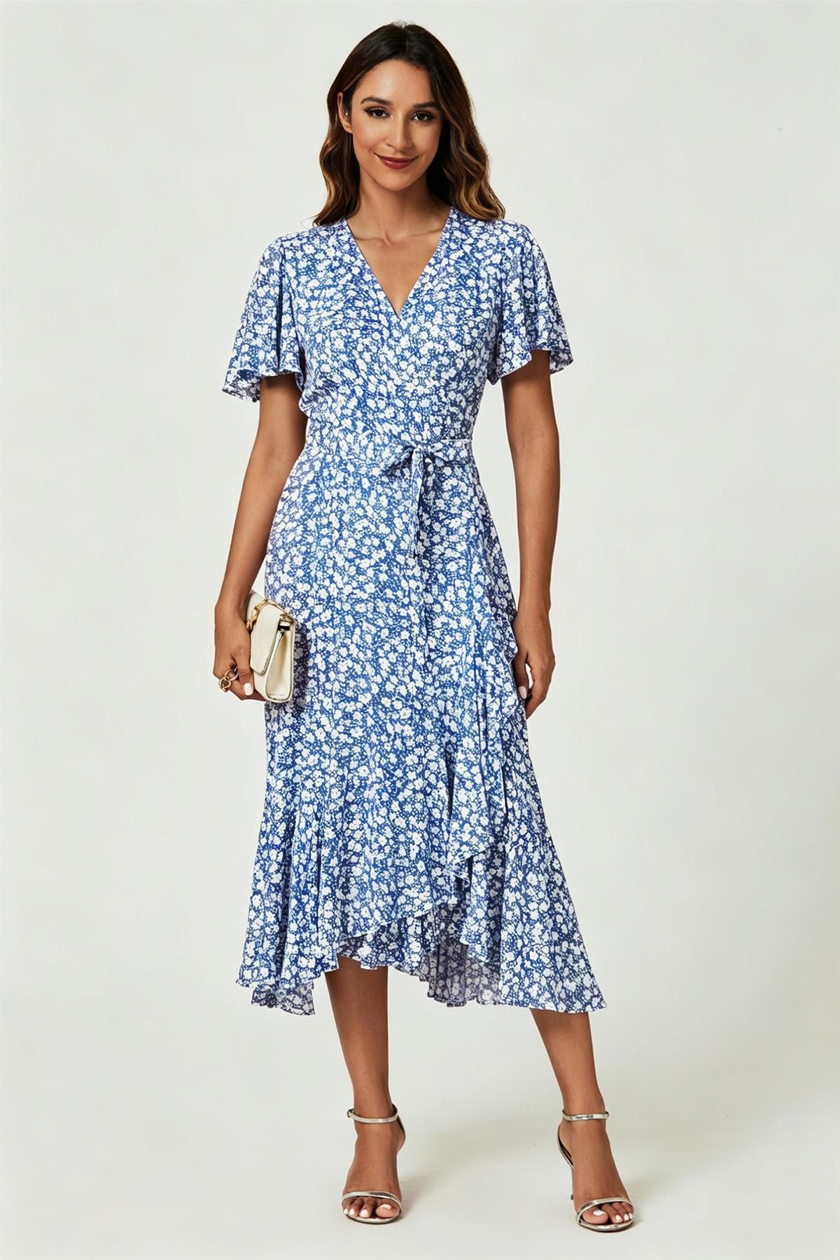 Floral Print Midi Wrap Dress In Blue