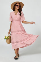 V Neck Lace Detail Midi Dress In Rose Nude
