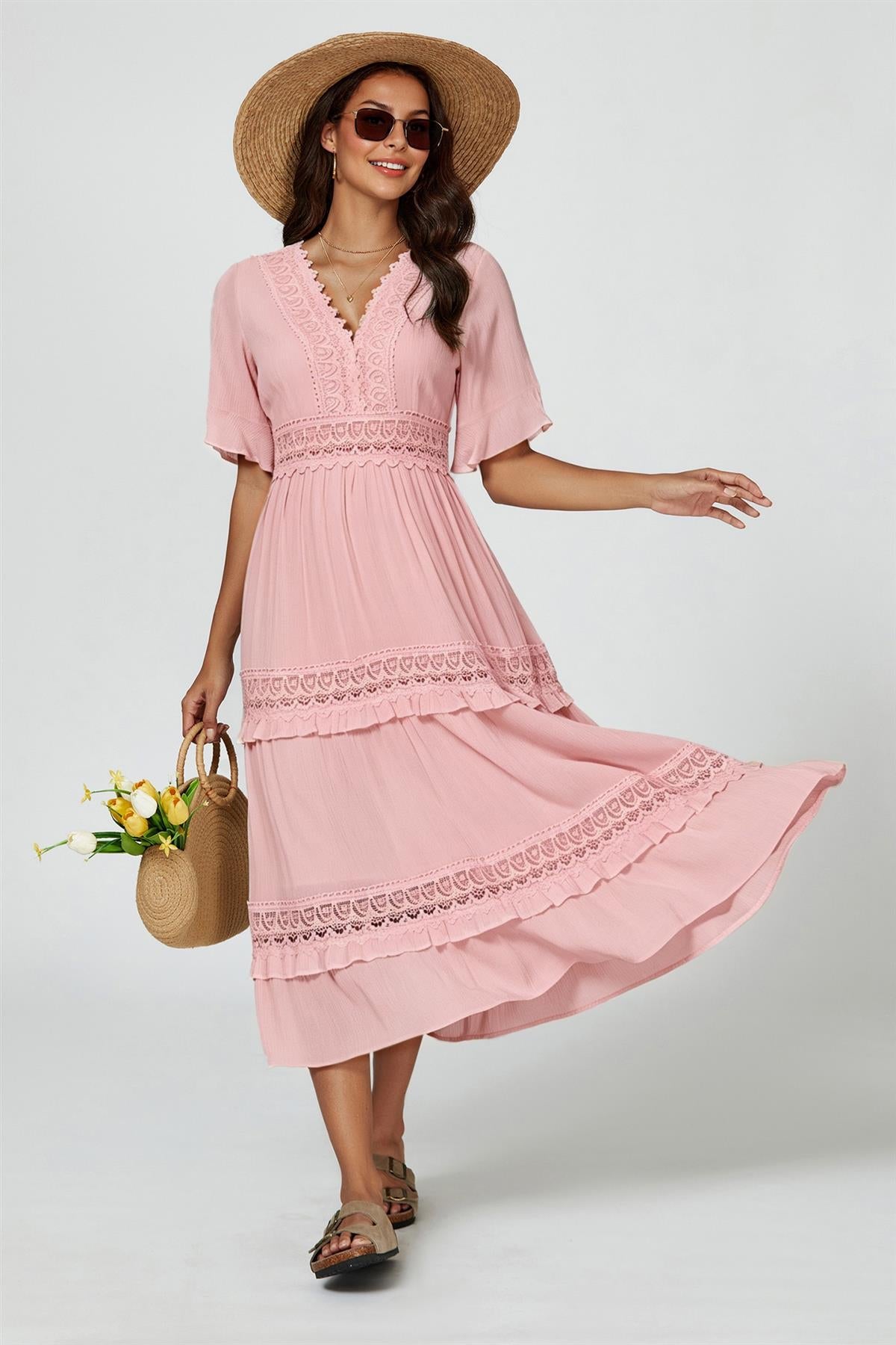 V Neck Lace Detail Midi Dress In Rose Nude