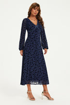 Floral Velvet Devore V Neckline Midi Dress In Navy