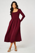 Long Sleeve Button Detail Midi Dress In Wine