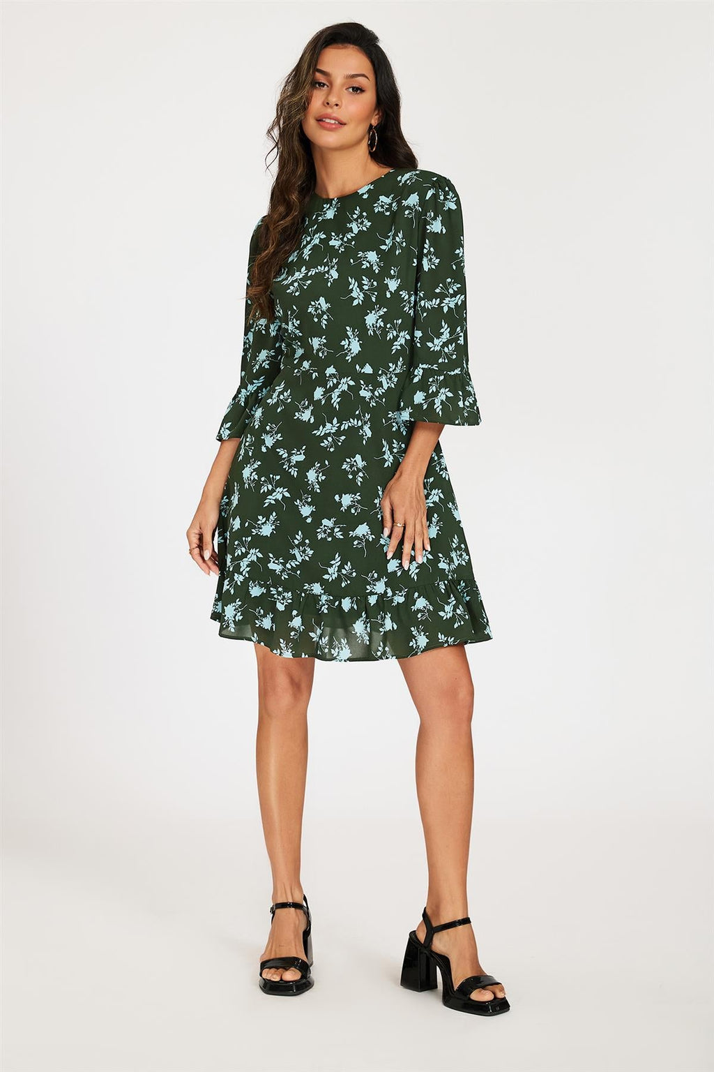 Floral Print Frill Detail Mini Dress In Green