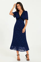 Polka Dot Jacquard Lace Trim Midi Dress In Navy