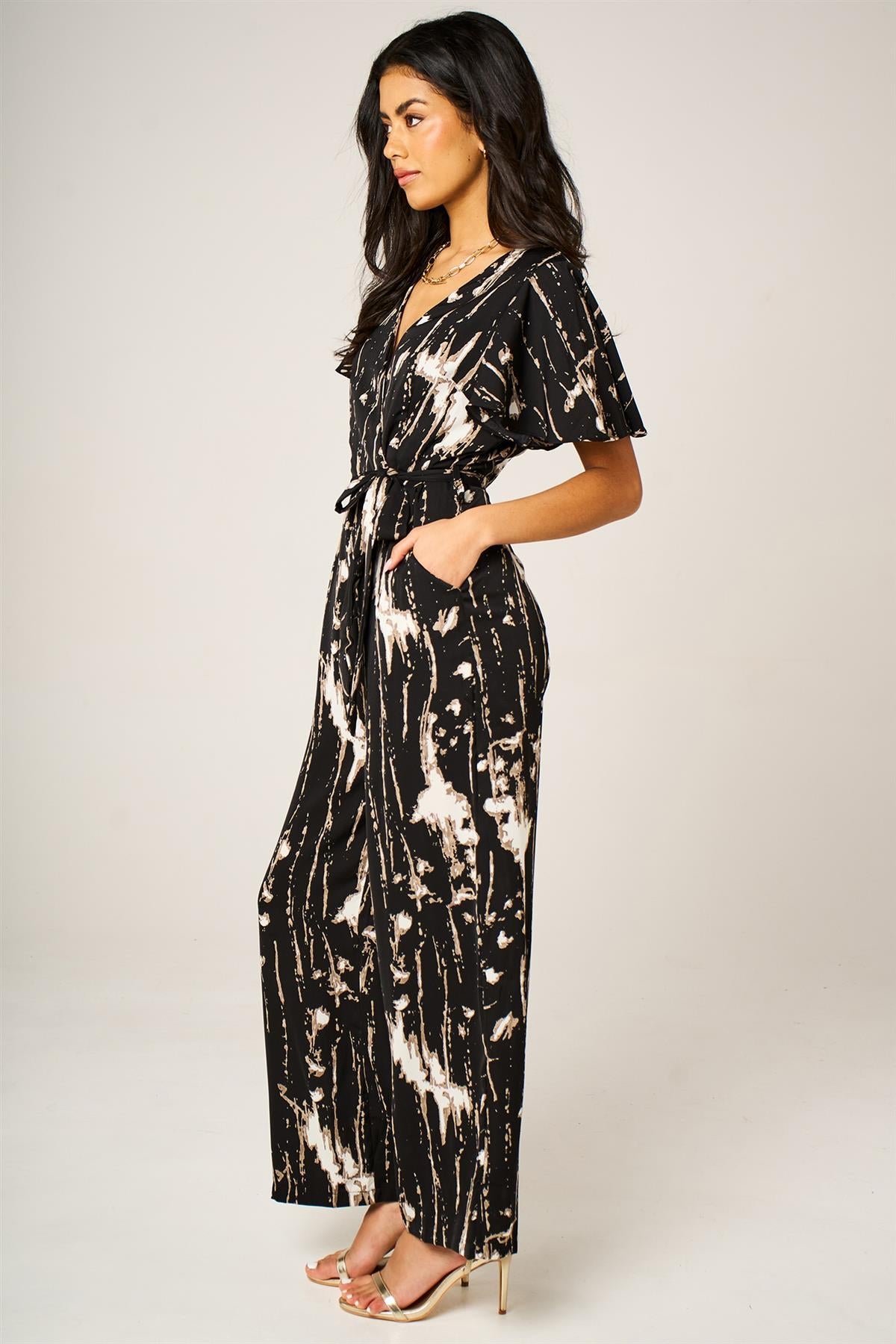 Bleach Effect Print Wrap Top Jumpsuit In Black