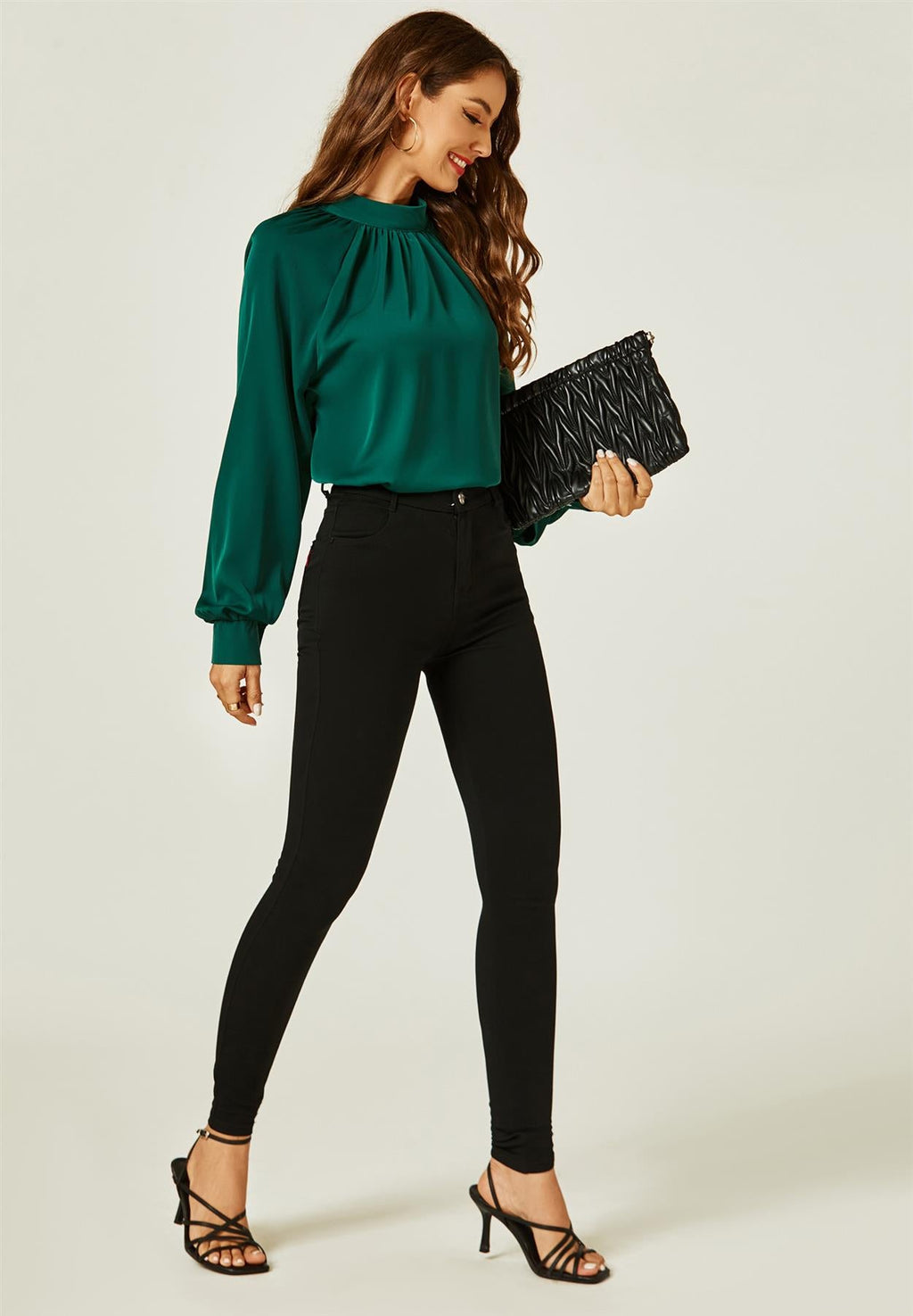 Halter Neck Long Sleeve Blouse Top In Green