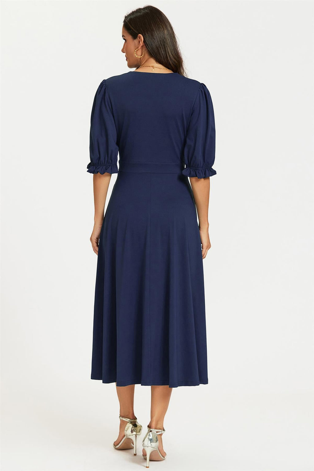 Half Sleeves Jersey Midi Dress with Wrap Neckline In Navy