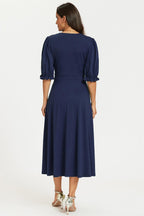 Half Sleeves Jersey Midi Dress with Wrap Neckline In Navy