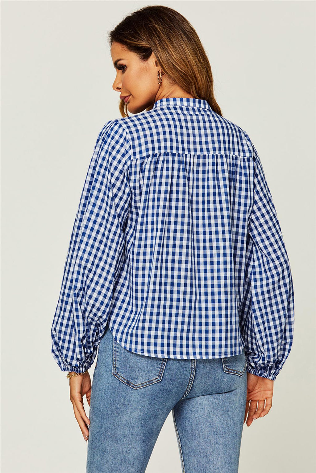 Gingham Print Band Collar Blouse Top In Blue