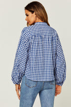 Gingham Print Band Collar Blouse Top In Blue