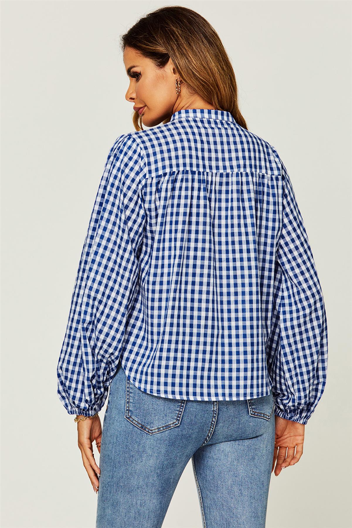 Gingham Print Band Collar Blouse Top In Blue