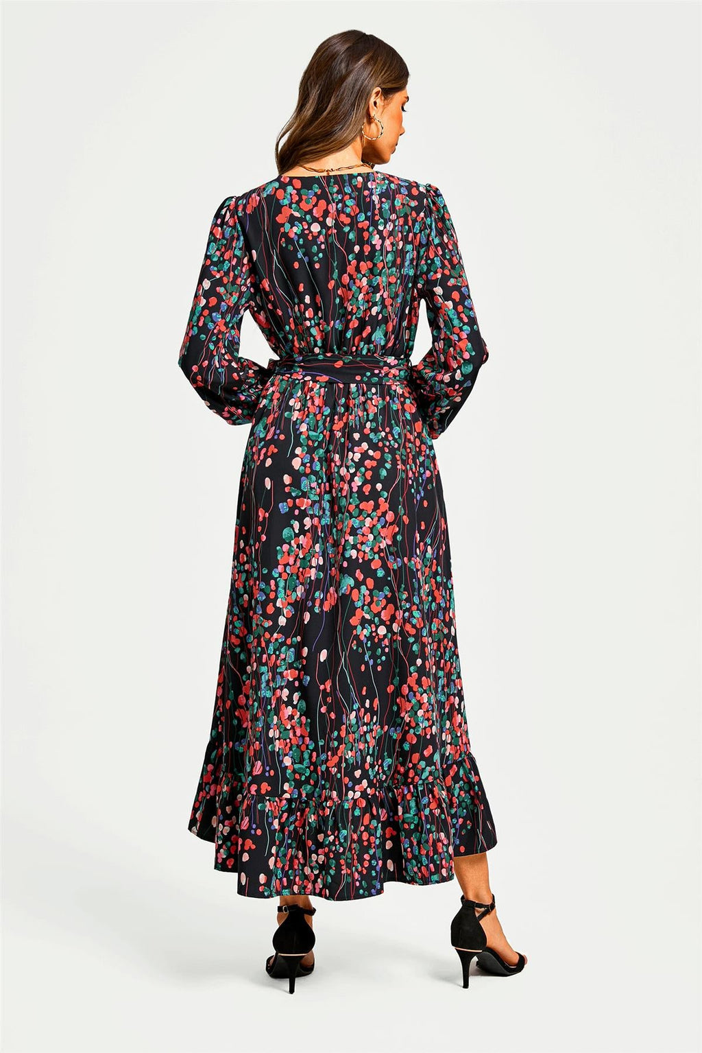 Abstract Floral Print Long Sleeve V Neck Wrap Top Midi Dress In Black
