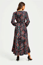 Abstract Floral Print Long Sleeve V Neck Wrap Top Midi Dress In Black