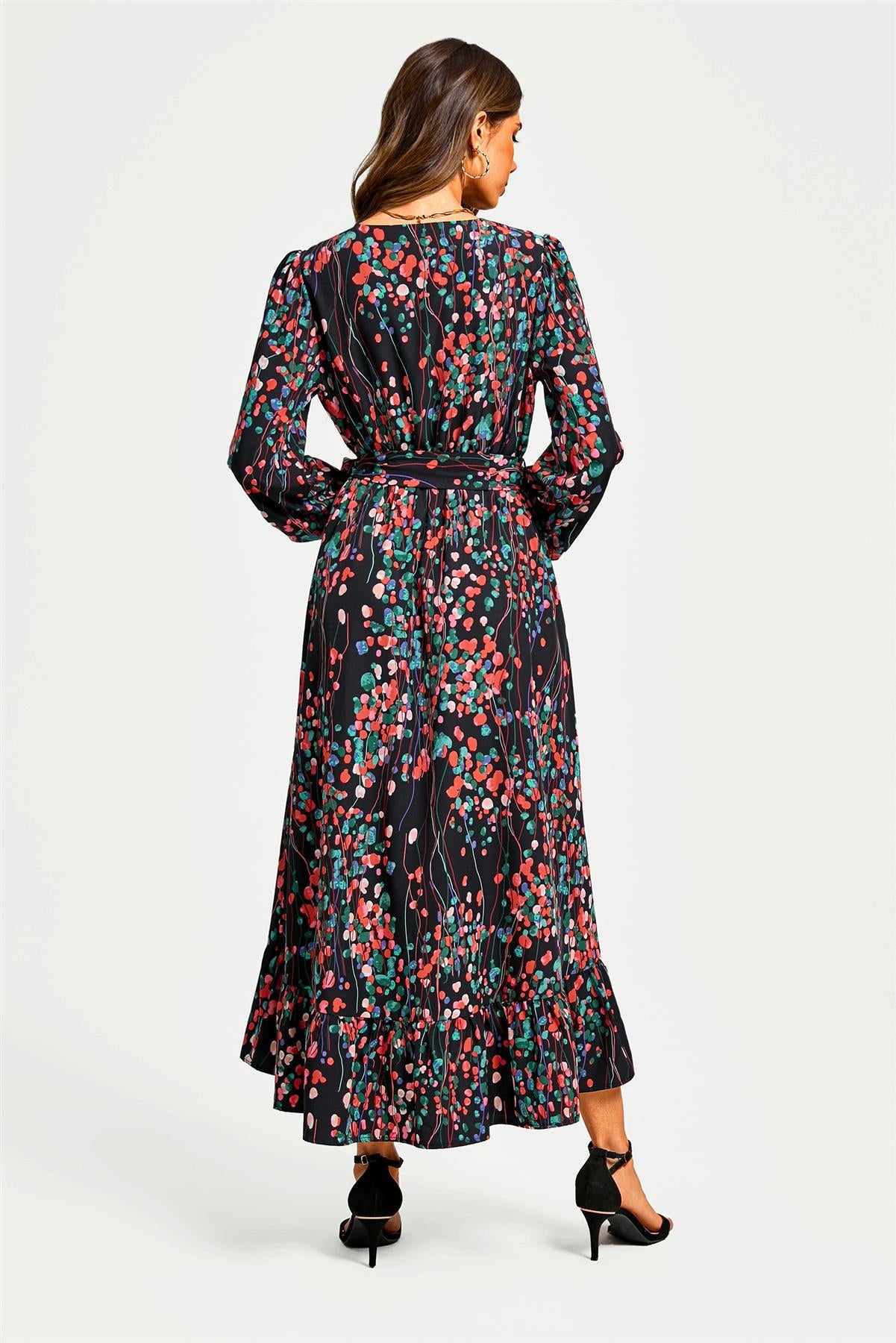 Abstract Floral Print Long Sleeve V Neck Wrap Top Midi Dress In Black