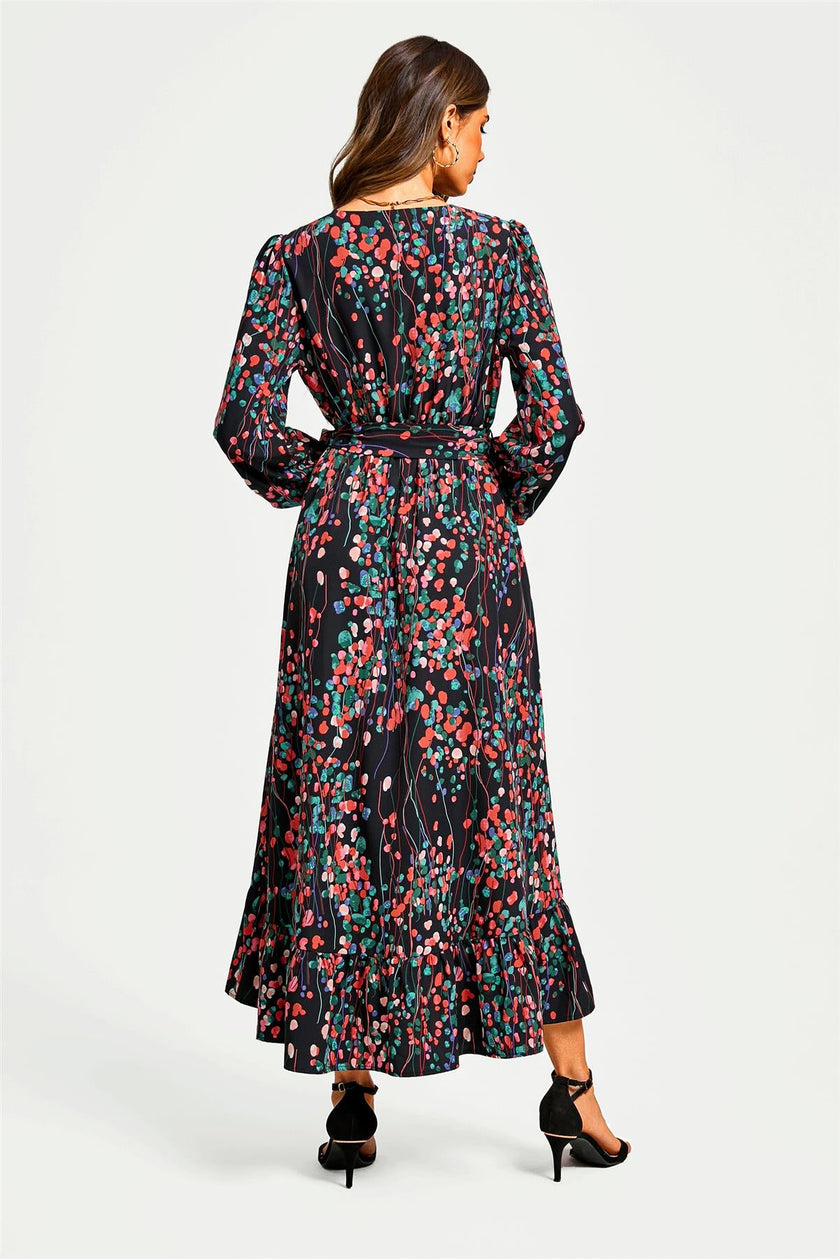 Robe midi cache-cœur noire à col en V et manches longues, imprimé floral abstrait