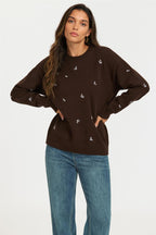 Embroidered Floral Knit Jumper Top In Brown
